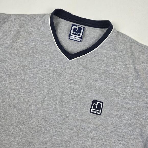 Vintage JNCO Shirt Mens Large Gray V Neck Contrast Trim Embroidered Made USA 90s - Picture 2 of 15